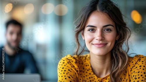 A young woman wearing a yellow dotted sweater smiles while talking in a friendly environment