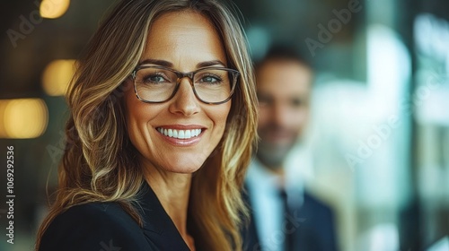 A confident woman wearing glasses smiles while engaged in a professional setting with colleagues