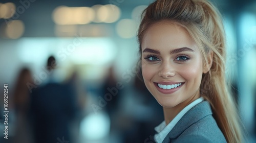 Woman with a bright smile poses in a busy workspace filled with colleagues