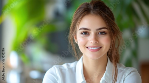 A cheerful young woman enjoys a moment indoors, radiating positivity in a green environment