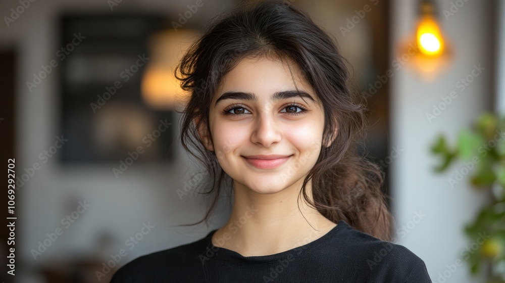 The woman has long hair and a friendly expression in a welcoming cafe environment