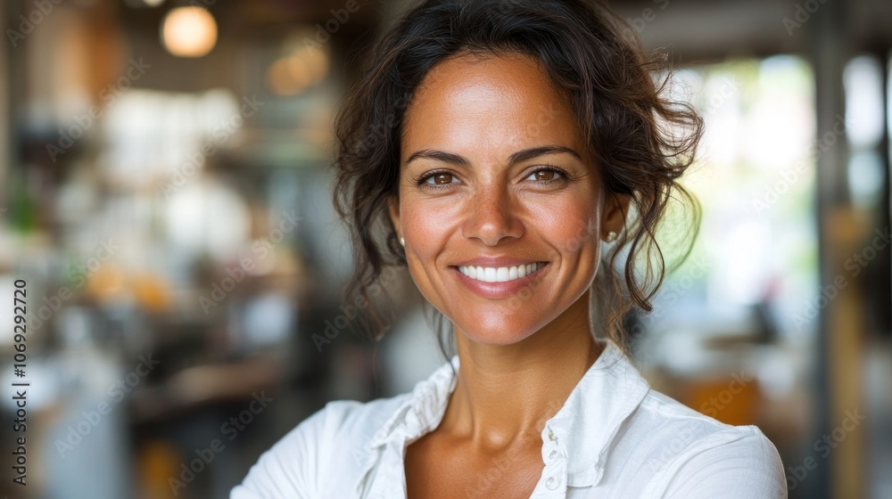 A cheerful woman with curly hair smiles warmly in a café filled with soft light A cheerful woman with curly hair smiles warmly in a café filled with soft light