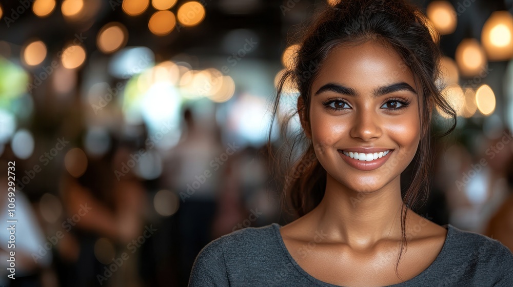 Obraz premium A woman with a bright smile stands in a cozy environment filled with people and warm lights