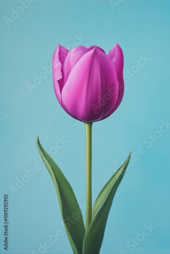 Vibrant pink tulip against a turquoise background