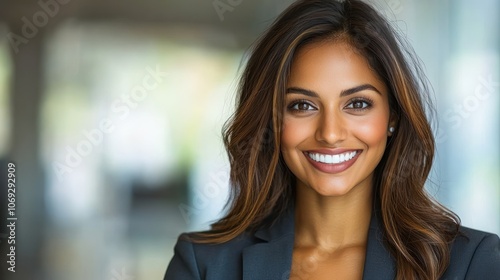 A woman in a blazer exudes confidence and warmth with a bright smile in an elegant workplace