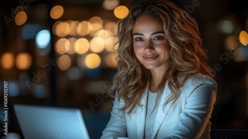 A young woman with curly hair works late at night on her laptop  smiling in a cozy workspace