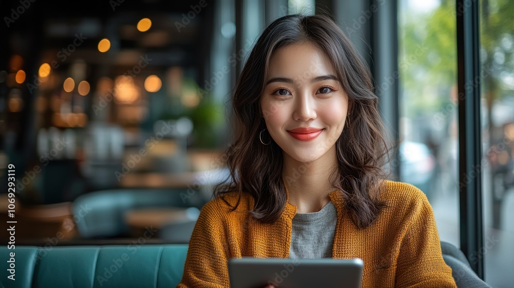 The woman smiles brightly as she uses her tablet in a vibrant café filled with natural light The woman smiles brightly as she uses her tablet in a vibrant café filled with natural light