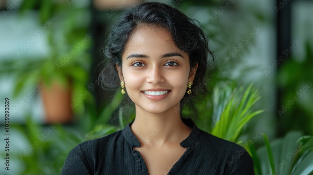 A cheerful young woman poses confidently in a lush green indoor space A cheerful young woman poses confidently in a lush green indoor space