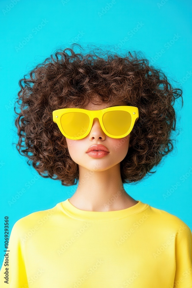 stylish woman with curly hair and yellow sunglasses against a bright blue background stylish woman with curly hair and yellow sunglasses against a bright blue background