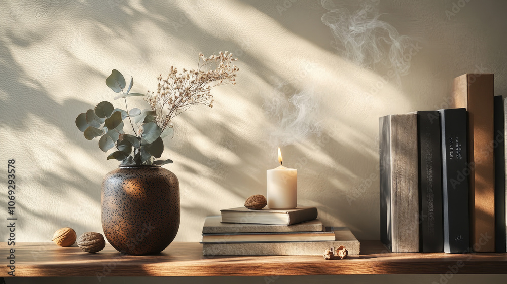 A beautifully styled, contemporary interior featuring a brown ceramic vase with dried eucalyptus stems, an aroma candle emitting soft smoke, and a collection of books A beautifully styled, contemporary interior featuring a brown ceramic vase with dried eucalyptus stems, an aroma candle emitting soft smoke, and a collection of books