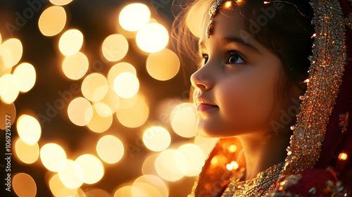 Child in festive attire gazing at sparkling lights during winter celebration . illustration