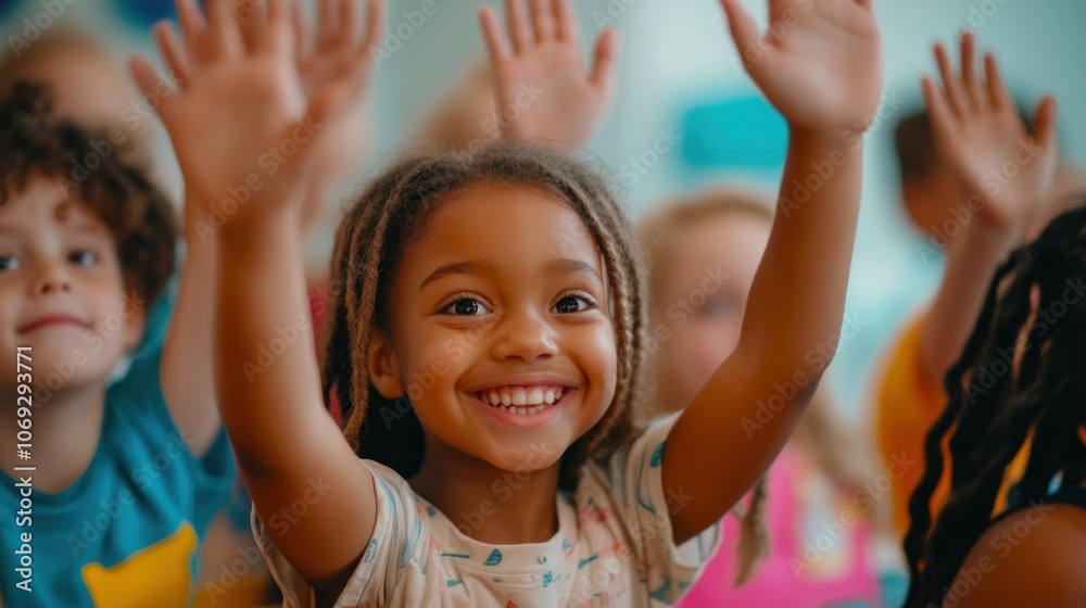 Fototapeta premium A joyful child raises her hand in a classroom setting, eager to participate.