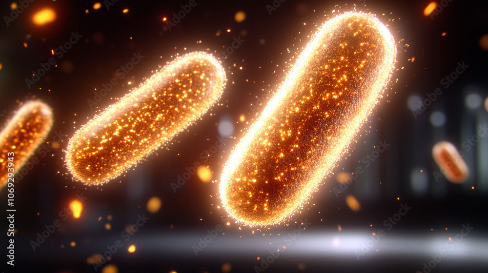 Obraz premium Bacteria in bifidobacteria. Glowing orange bacteria floating in dark room