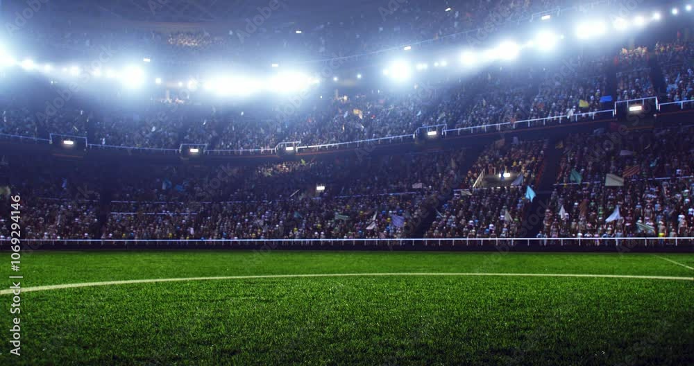 4k video of a professional football stadium with animated crowd at night. The stadium was made in 3d.