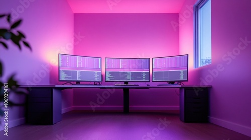 Futuristic home office setup with multiple computer monitors and vibrant lighting