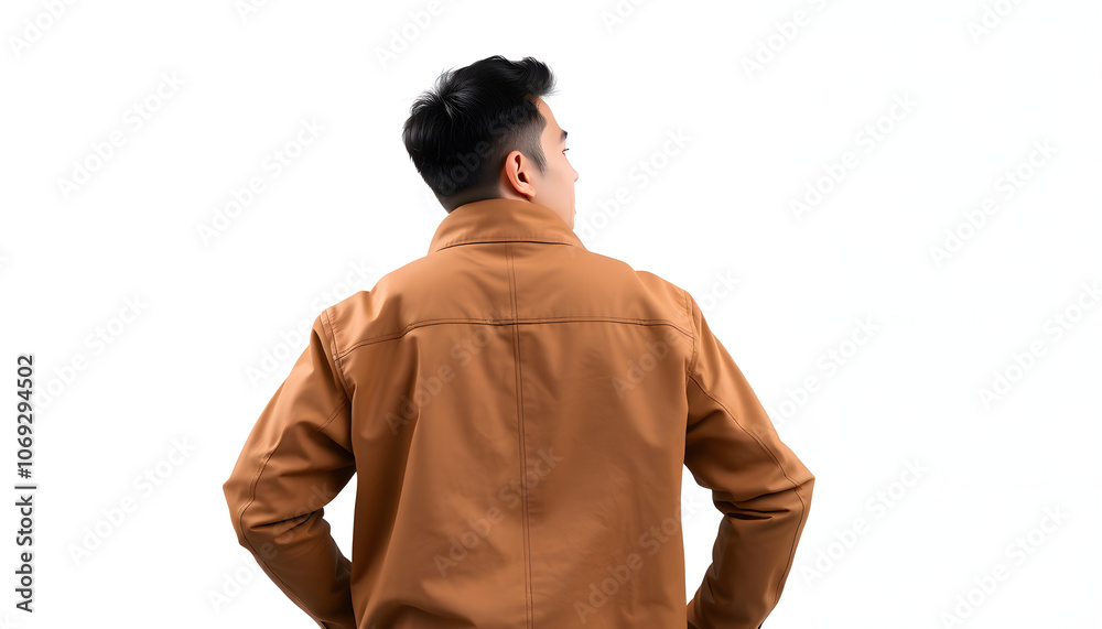 A full-length shot of a Asian man with brown jacket in lateral position over isolated white background isolated with white highlights, png A full-length shot of a Asian man with brown jacket in lateral position over isolated white background isolated with white highlights, png