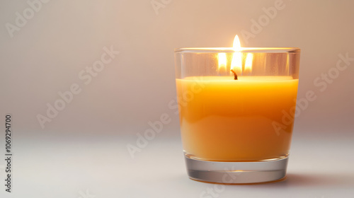 A simple and elegant depiction of a glass filled with a wax candle, set against a clean white background. 