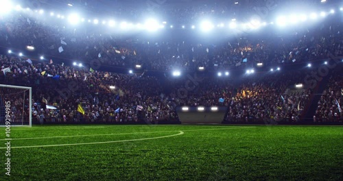 4k video of a professional football stadium with animated crowd at night. The stadium was made in 3d.