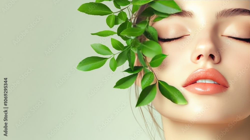 Close up of a womans face with lush green leaves placed beside her symbolizing natural beauty organic skincare and the harmony between nature and femininity in a refreshing setting