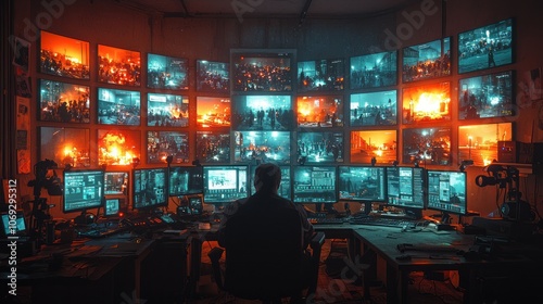 Control Room with Multi-Screen Surveillance Displaying Crowd and Fire Scenes in an Urban Night Setting