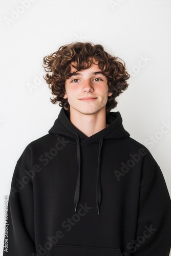 portrait of a young man with curly hair wearing a black hoodie