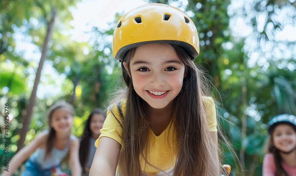 A girl in a yellow helmet smiles while playing outdoors with friends. A girl in a yellow helmet smiles while playing outdoors with friends.