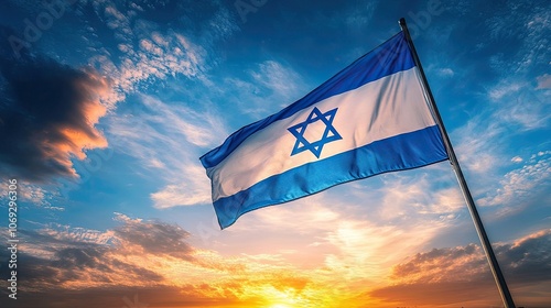 The Israeli flag waves proudly against a backdrop of a vibrant sunset.