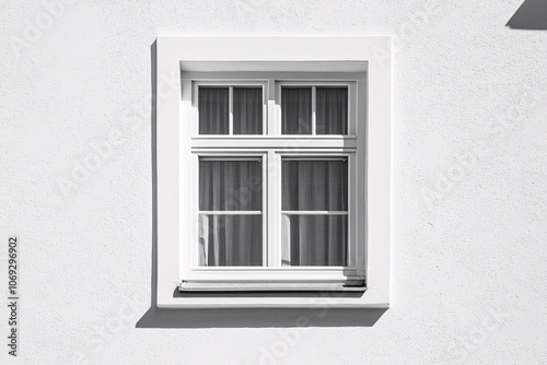 Minimalist white window with four panes casting a soft shadow on a plain white wall for a modern clean aesthetic 