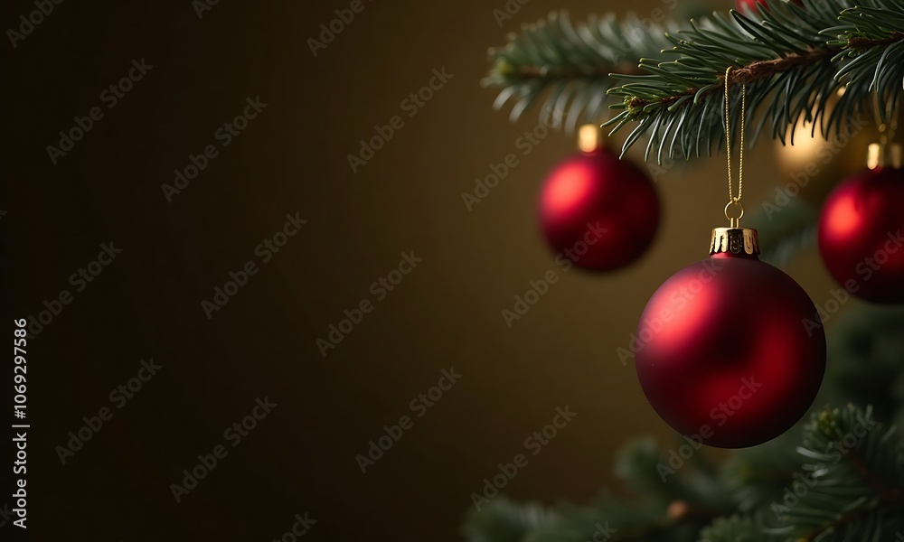 Elegant Red Christmas Ornaments Hanging on Evergreen Branch with Dark Background and Copy Space
Elegant Red Christmas Ornaments Hanging on Evergreen Branch with Dark Background and Copy Space
