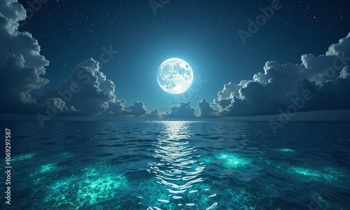 Full moon night sky starry sky clouds ocean