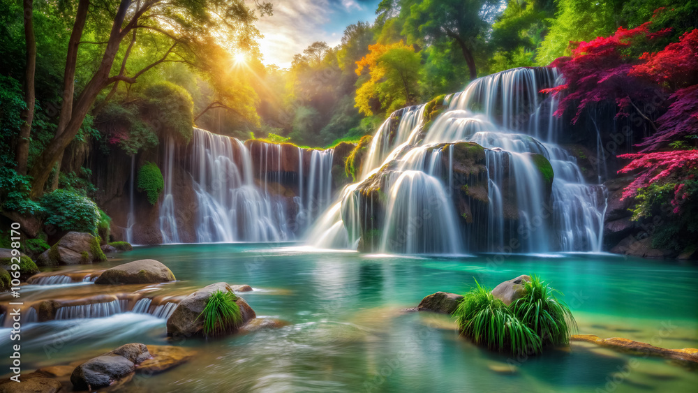 Obraz premium Amazing view of waterfall in a picturesque place, sunny day