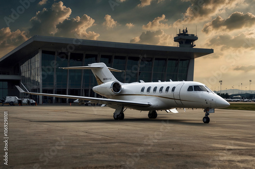 The business Jet plane is parked at the airport.Luxury class. photo