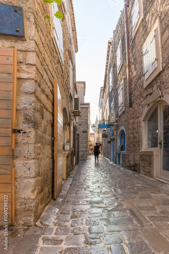 Budva Stone street in the old medieval town of mediterranean country