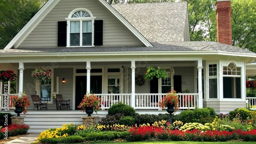 A gray house with a white porch and a brick chimney is surrounded by colorful flower beds and lush green grass