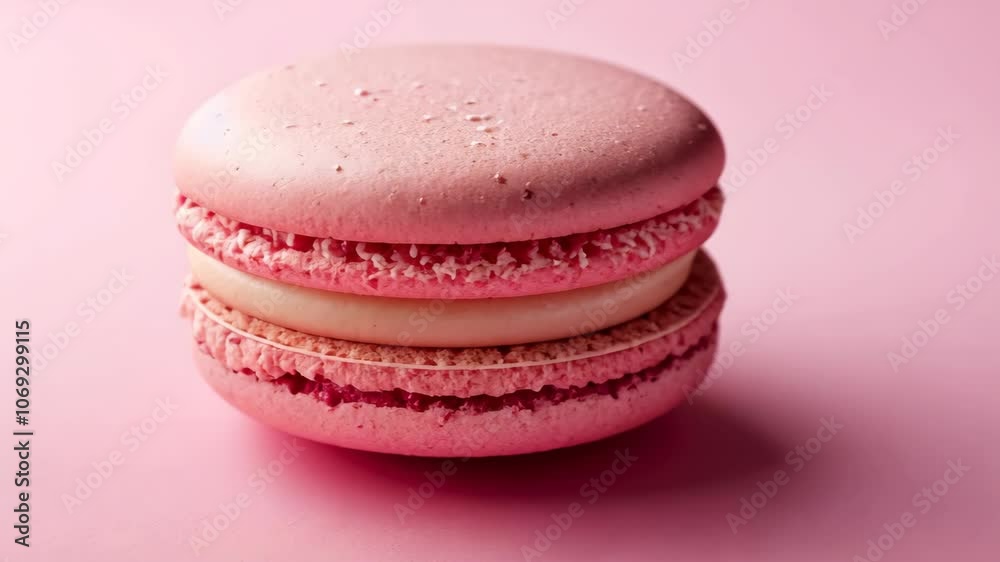 A pink macaron sits on a pink background A pink macaron sits on a pink background