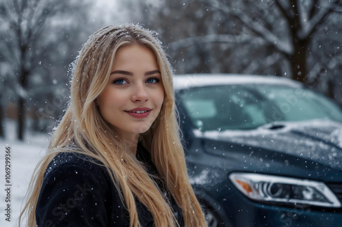 A beautiful blonde girl in winter near her car..Snow is falling. photo