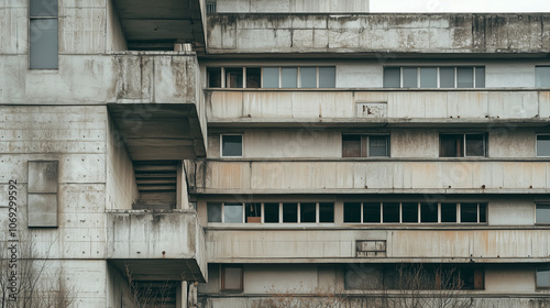 Close-up view of weathered brutalist building showcasing geometric patterns and aged concrete facade photo