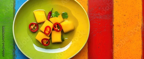 SpicySweet Mango and Honey Flat Lay on White Plate photo