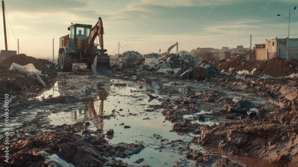 Industrial waste management scene with bulldozer at landfill site during sunset Industrial waste management scene with bulldozer at landfill site during sunset