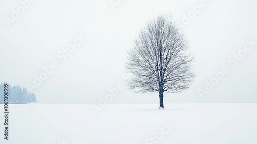   A single tree stands alone in a field blanketed with snow on a foggy day