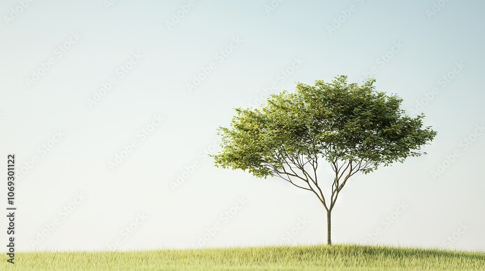 Obraz premium A lone tree stands tall on a grassy hill amidst a clear blue sky during a bright sunlit day