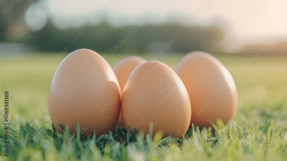 Four freshly laid farm eggs rest on vibrant green grass showcasing a minimalistic aesthetic. The soft light enhances their natural color offering a serene and inviting atmosphere Four freshly laid farm eggs rest on vibrant green grass showcasing a minimalistic aesthetic. The soft light enhances their natural color offering a serene and inviting atmosphere