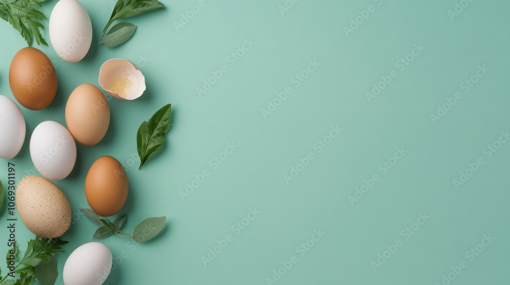 A variety of colorful fresh farm eggs lies on a mint green surface with vibrant herbs creating a clean minimalist look with ample empty space A variety of colorful fresh farm eggs lies on a mint green surface with vibrant herbs creating a clean minimalist look with ample empty space