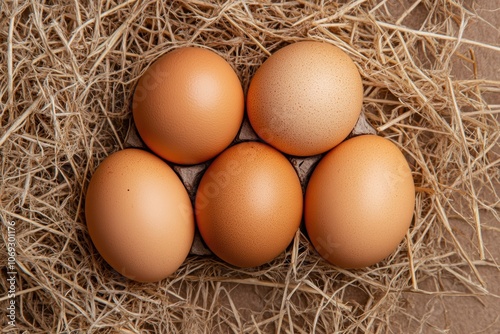 A small cluster of fresh eggs rests gently on a bed of straw presenting a warm and inviting display photo