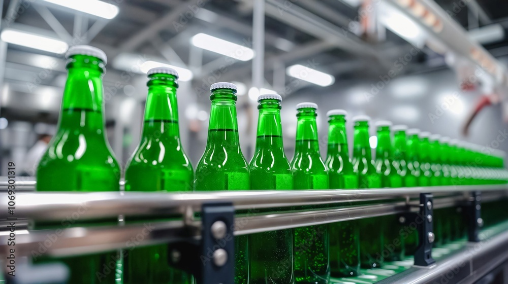 Conveyor Belt of Green Glass Bottles, Rows of green glass bottles move along a conveyor belt in a factory setting. The blurred background emphasizes the organized production process. Conveyor Belt of Green Glass Bottles, Rows of green glass bottles move along a conveyor belt in a factory setting. The blurred background emphasizes the organized production process.