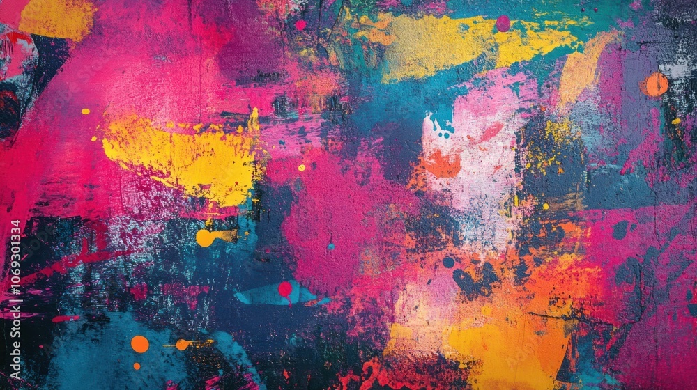 A vibrant abstract painting filled with bold colors and dynamic brush strokes. A vibrant abstract painting filled with bold colors and dynamic brush strokes.