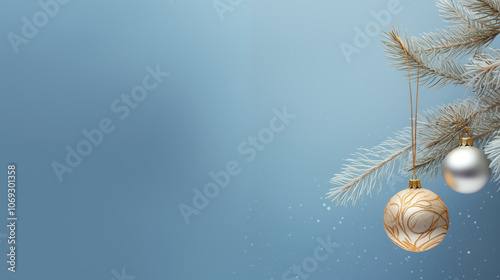 Festive Christmas and New Year holiday banner card with single minmalist ornament hanging from pine branch. with copy space and glitter bokeh. Holiday bokeh background with copy space. photo