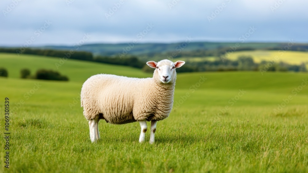 A sheep stands prominently in a vibrant green field on a farm surrounded by rolling hills and a cloudy sky above showcasing the serene pastoral landscape A sheep stands prominently in a vibrant green field on a farm surrounded by rolling hills and a cloudy sky above showcasing the serene pastoral landscape