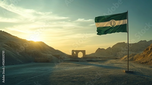 A green flag with a white stripe and a symbol waves in the wind against a backdrop of sand dunes and a stone arch at sunset. photo