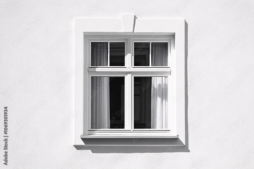 Fototapeta premium A single white-framed window on a smooth white wall casting a geometric shadow in bright sunlight 